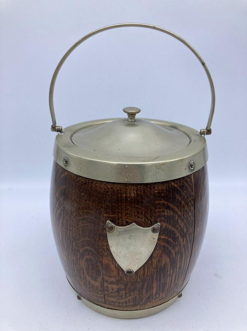 Vintage Porcelain Lined Wooden Barrel Humidor, Tobacco: Title: Vintage Porcelain Lined Wooden Barrel Humidor, Tobacco Jar, Biscuit Jar Date/Period: approx ealy 1900-mid 1900's Dimension: Approx 9.5" Tall w/handle x 5.5" Diameter Material: Wood, ceramic/por