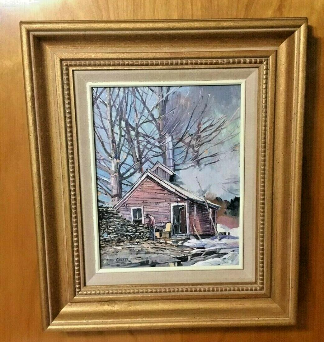 John Gnatek Oil On Board Titled Getting Wood Maple: For Sale is a lovely oil on board painting by Hadley Massachusetts Artist John Gnatek. This wonderful oil is titled Getting Wood Maple Sugar House. The oil painting is in very good condition and is re