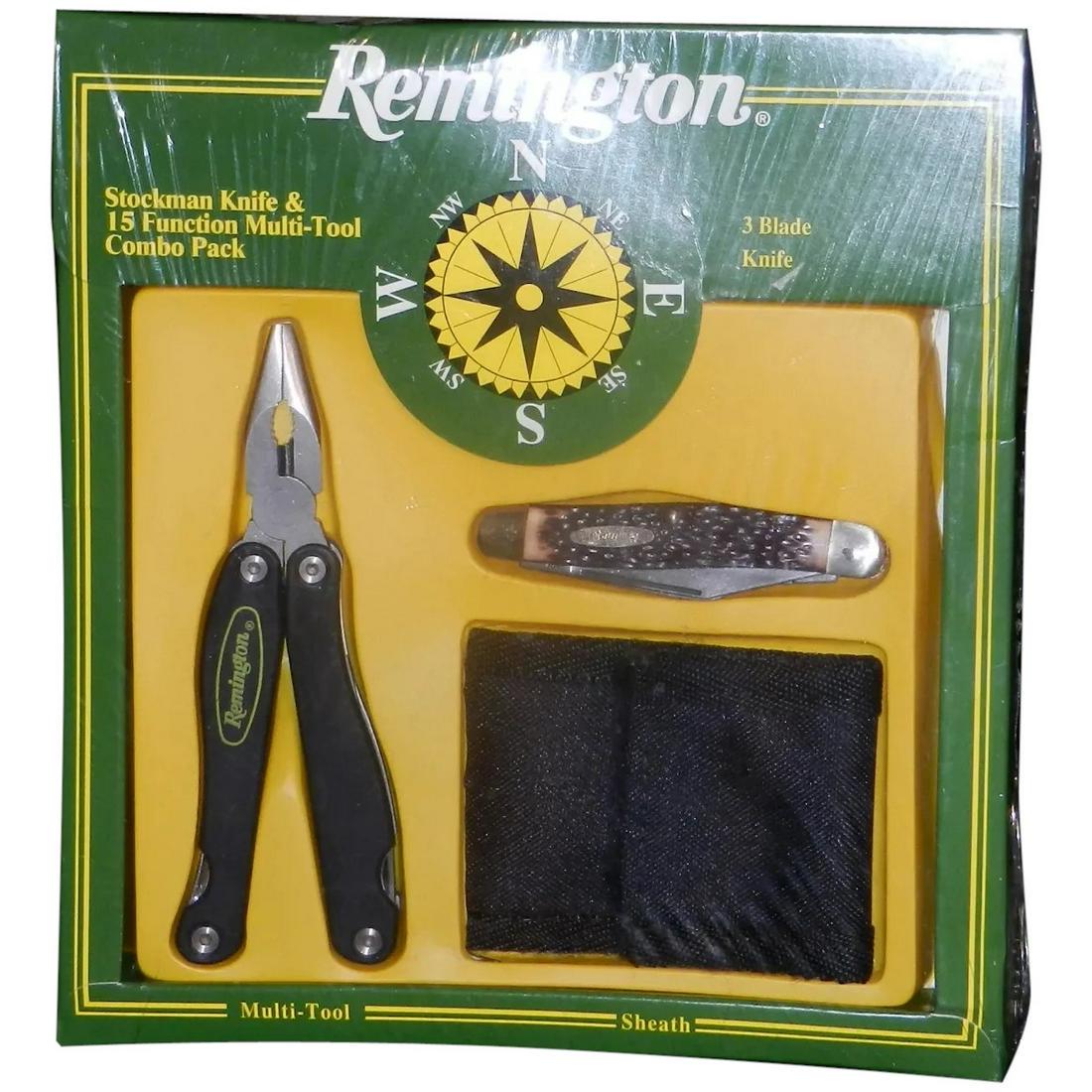 Vintage NIB Remington Stockman 15 Function Multi-Tool: This Vintage NIB Remington Stockman 3 Blade Knife and 15 Function Multi-Tool with Sheath Combo Pack was produced in the 70’s or early 80’s. It has never been opened but it a must for the R