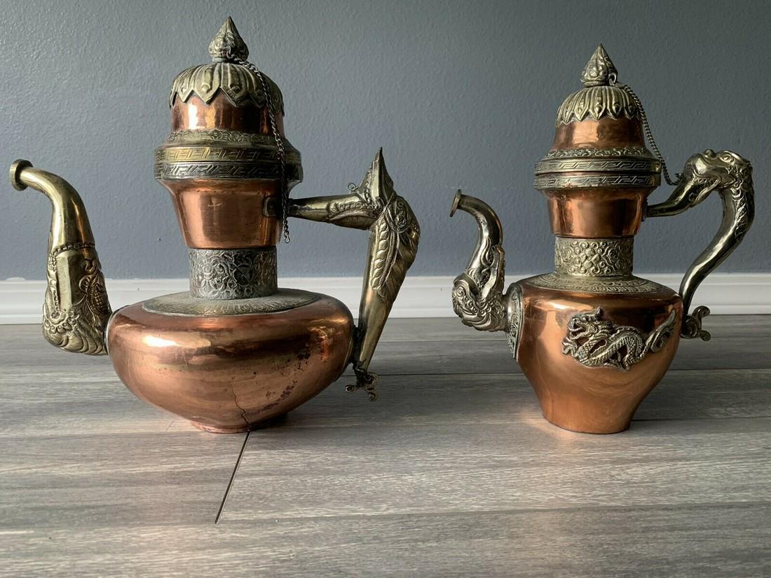 Set of 2 vintage teapot kettle Tibetan copper silver (1 of 8)