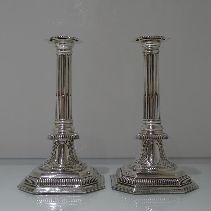 19th Century Antique Victorian Sterling Silver Pair: Title: 19th Century Antique Victorian Sterling Silver Pair Candlesticks London 1889 Charles Stuart Harris Description: A large and extremely rare pair of square based canted cornered “William & Mary