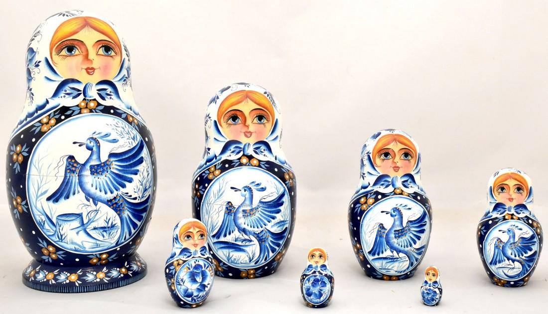 Matreshka: Matreshka. Traditional russian wooden nesting doll, handmade, handpainted. Painted in Gzhel style, 7 pcs. Dimensions: 10 × 19 cm Reserve: $90.00 Shipping: Domestic: Flat-rate of $40.00 to anywhere wi