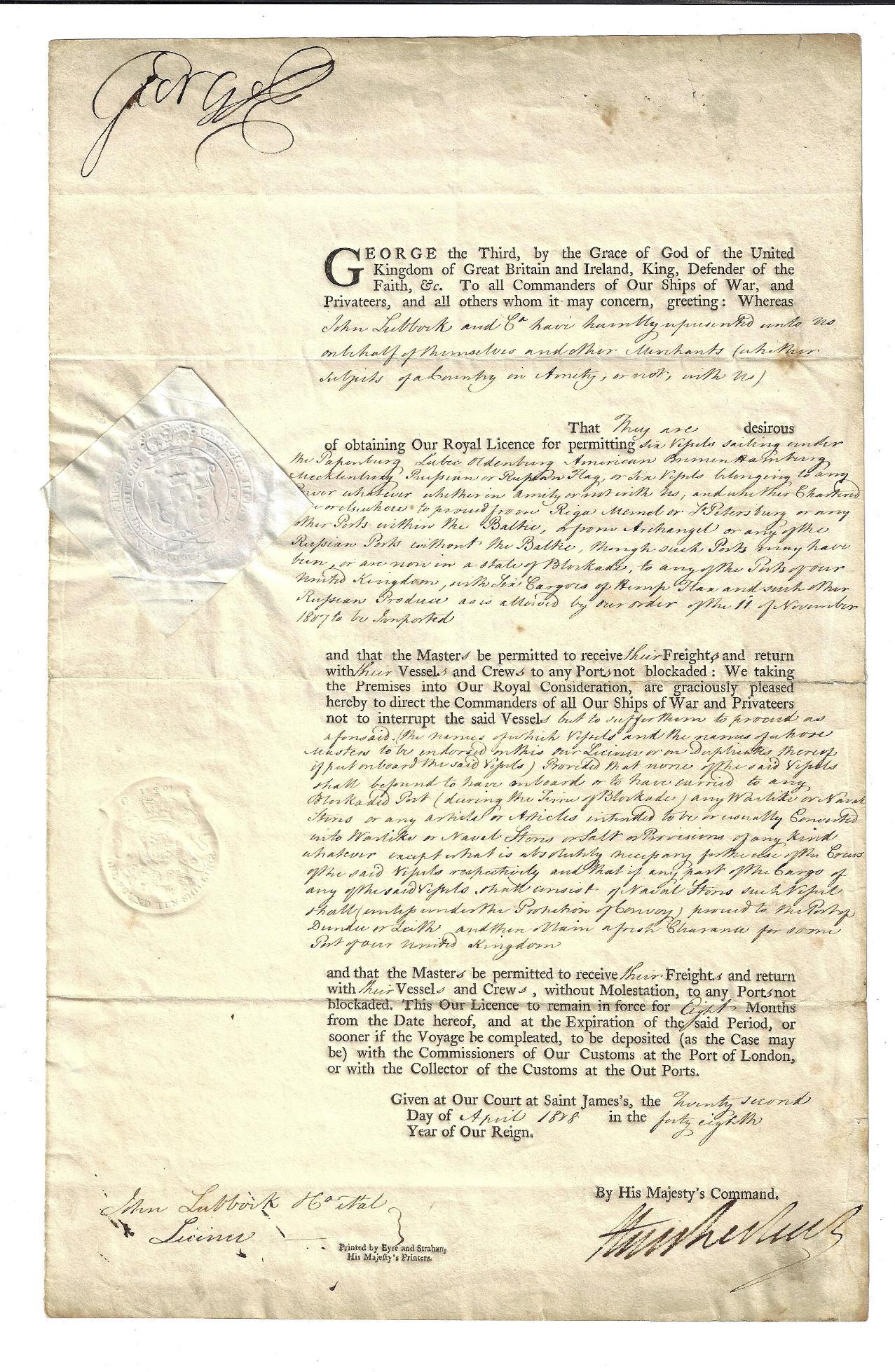 1808 DS George III License Passage Baltic Blockade (1 of 1)