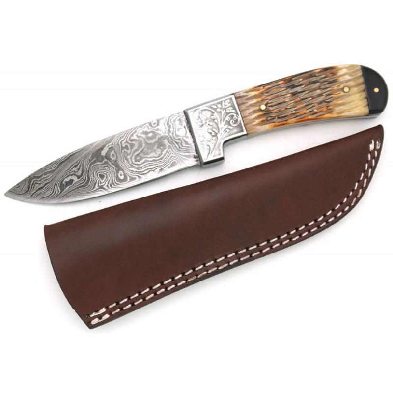 Damascus steel knife camel bone hunting camping work: Knife "Berry" made of damask steel. Handle – camel bone and scabbard - leather. Damascus knives are very durable, look great and keep sharpness perfectly. Damascus steel has high quality content