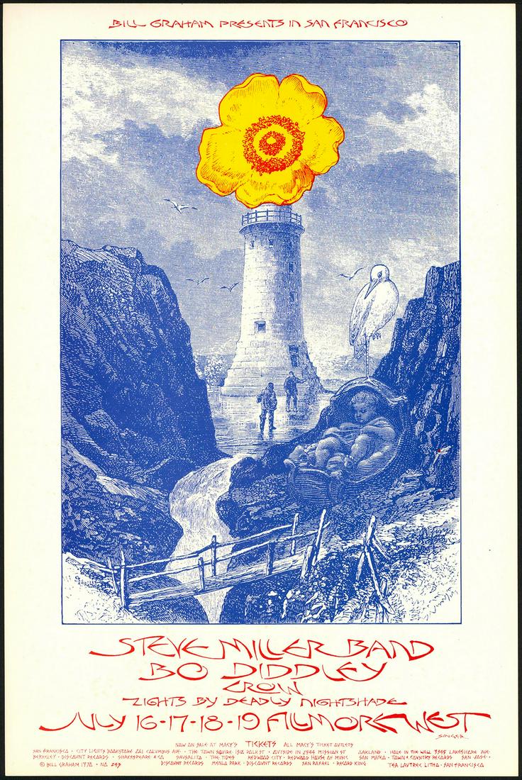 Original BG-243 Steve Miller Band Poster: No Reserve! Title: Original BG-243 Steve Miller Band Poster Artist: David Singer Printing Date: 1970 Medium: Lithograph Size/Format: 14" x 21" Publisher: Bill Graham Series:Bill Graham Additional Info