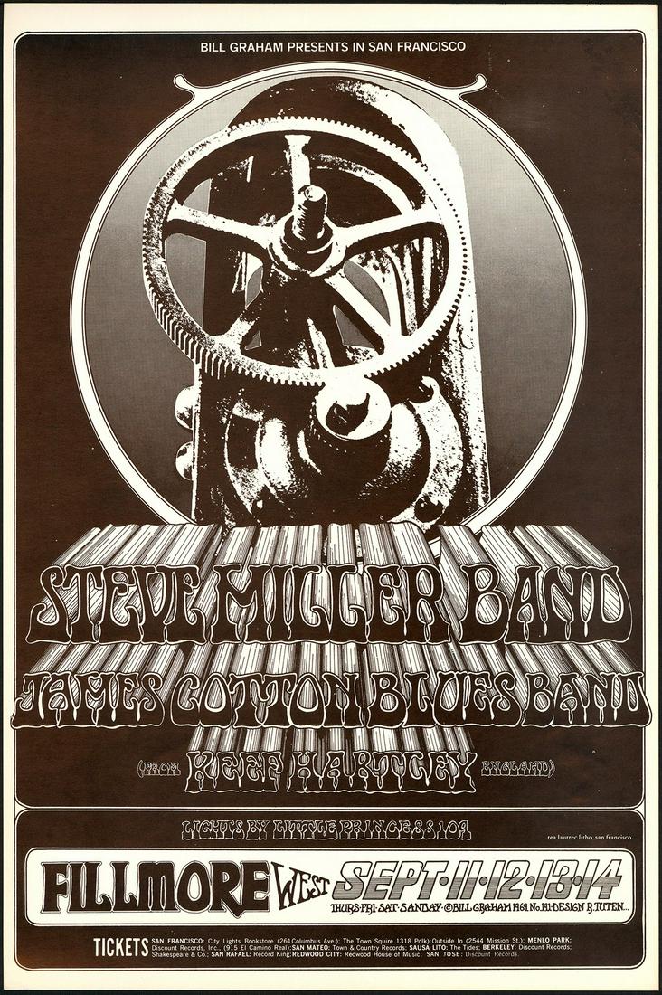 Original BG-191 Steve Miller Band Poster: No Reserve! Title: Original BG-191 Steve Miller Band Poster Artist: Randy Tuten Printing Date: 1969 Medium: Lithograph Size/Format: 14" x 21" Publisher: Bill Graham Series:Bill Graham Additional Infor