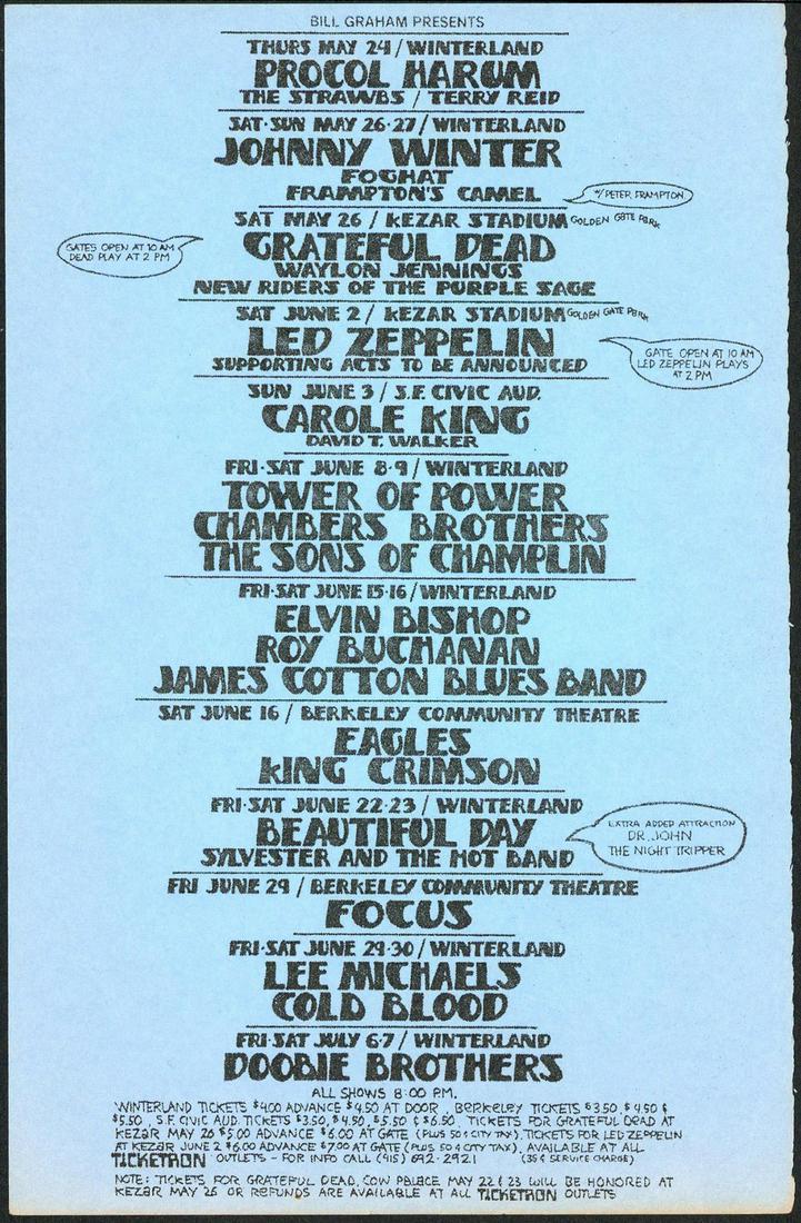 Scarce Early Bill Graham Presents 1973 Handbill!: No Reserve! Title: Scarce Early Bill Graham Presents 1973 Handbill! Artist: Randy Tuten Printing Date: 1973 Medium: Lithograph Size/Format: 5 1/2" x 8 1/2" Publisher: Bill Graham Additional Informatio