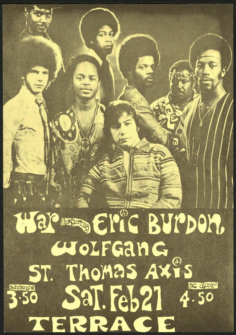 Scarce War and Eric Burdon handbill!: No Reserve! Title: Scarce War and Eric Burdon handbill! Artist: Unknown Printing Date: 1970 Medium: Lithograph Size/Format: 5 1/2" x 7 3/4" Additional Information: War featuring Eric Burdon, Wolfgang,