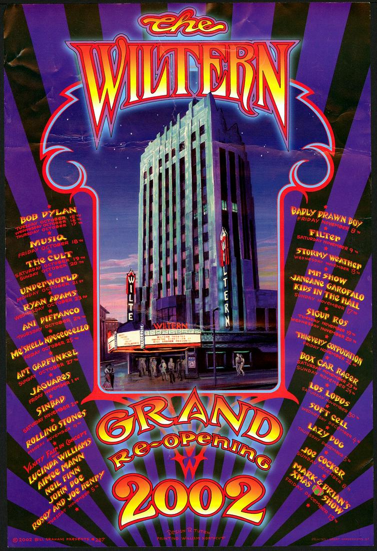 Grand Re-Opening of the Wiltern Poster: No Reserve! Title: Grand Re-Opening of the Wiltern Poster Artist: Randy Tuten / William Northcutt Printing Date: 2002 Medium: Lithograph Publisher: Bill Graham Series:Bill Graham Presents Additional I