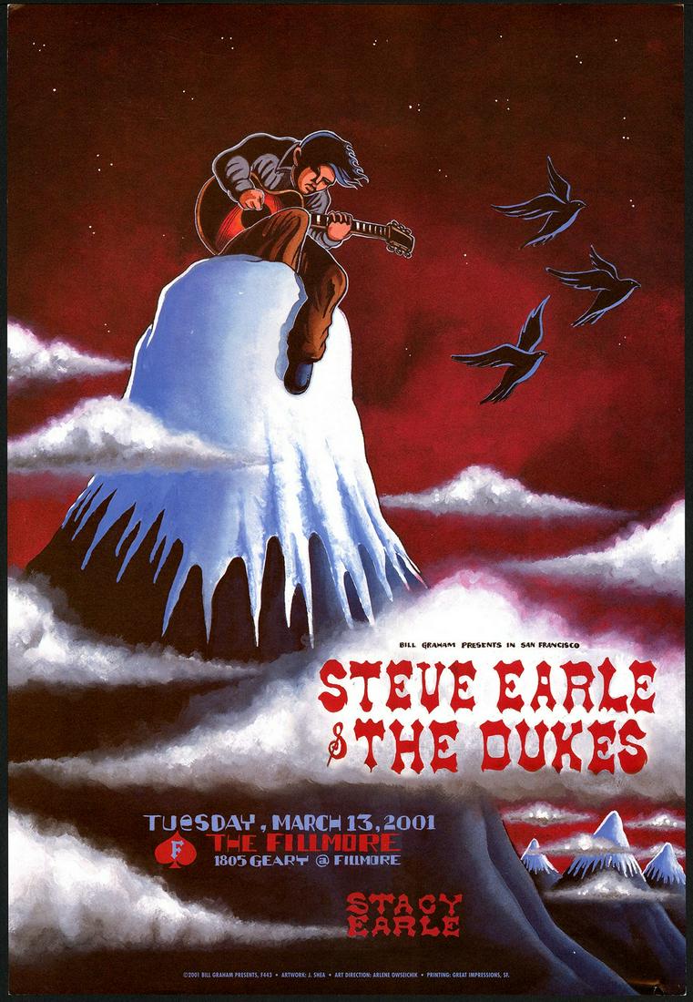 Steve Earle & the Dukes 2001 Poster: No Reserve! Title: Steve Earle & the Dukes 2001 Poster Artist: J. Shea Printing Date: 2001 Medium: Lithograph Size/Format: 13" x 19" Publisher: Bill Graham Series:Bill Graham Presents Additional Infor
