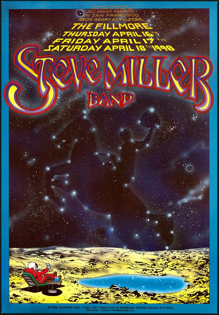 Steve Miller Band 1998 Poster: No Reserve! Title: Steve Miller Band 1998 Poster Artist: Randy Tuten Printing Date: 1998 Medium: Lithograph Size/Format: 13" x 19" Publisher: Bill Graham Series:New Fillmore Additional Information: St