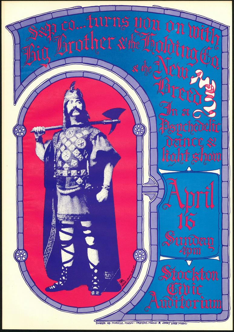 AOR 3.22 Big Brother Stockton Poster: No Reserve! Title: AOR 3.22 Big Brother Stockton Poster Artist: Stanley Mouse / Alton Kelley Printing Date: 1967 Medium: Lithograph Size/Format: 14" x 20" Publisher: Art of Rock Series:Art of Rock Add