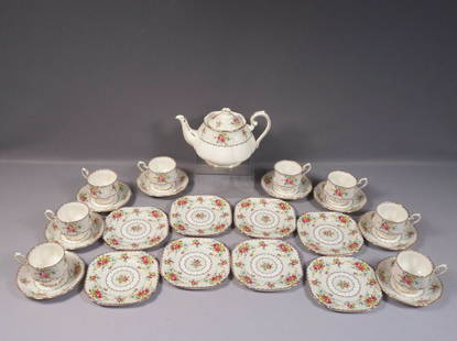 Royal Albert Petit Point Bone China Coffee Tea Set: This is a gorgeous Bone China Coffee/Tea set for 8, from the famous Royal Albert Petit Point Collection - Made in England. The pattern has very pretty delicate cross stitch roses in blue, green, blue