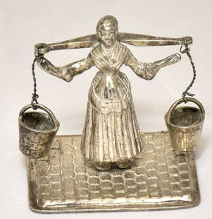 Silver miniature: Dimensions 3.5 × 3 × 3.5 cm Vintage miniature – woman carrying water in buckets. Silver with stamp, Europe, Netherlands(?). 21 gr. Reserve: $120.00 Shipping:Domestic: Flat-rate