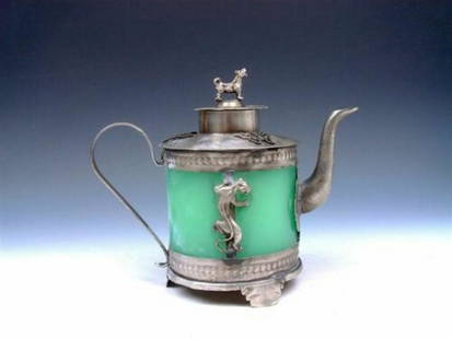 Foo Dog Teapot with lid Lions tibetan silver vintage: Title: Foo Dog Teapot with lid Lions tibetan silver vintageDate/Period: 20 centuryMaterials: Tibetan silverDimensions: 5.5 x 3 x 4.5 inchDescription:This is a very Tibetan silver plated copper