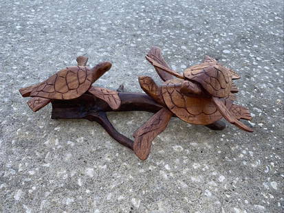 Handmade wall figurine 3 sea turtles driftwood root: Title: Handmade wall figurine 3 sea turtles driftwood root base Date/Period: 20- 21 centuryMaterials: WoodDimensions: 13 x 8 x 5 inchDescription:A beautiful 3 sea turtles on driftwood root are new