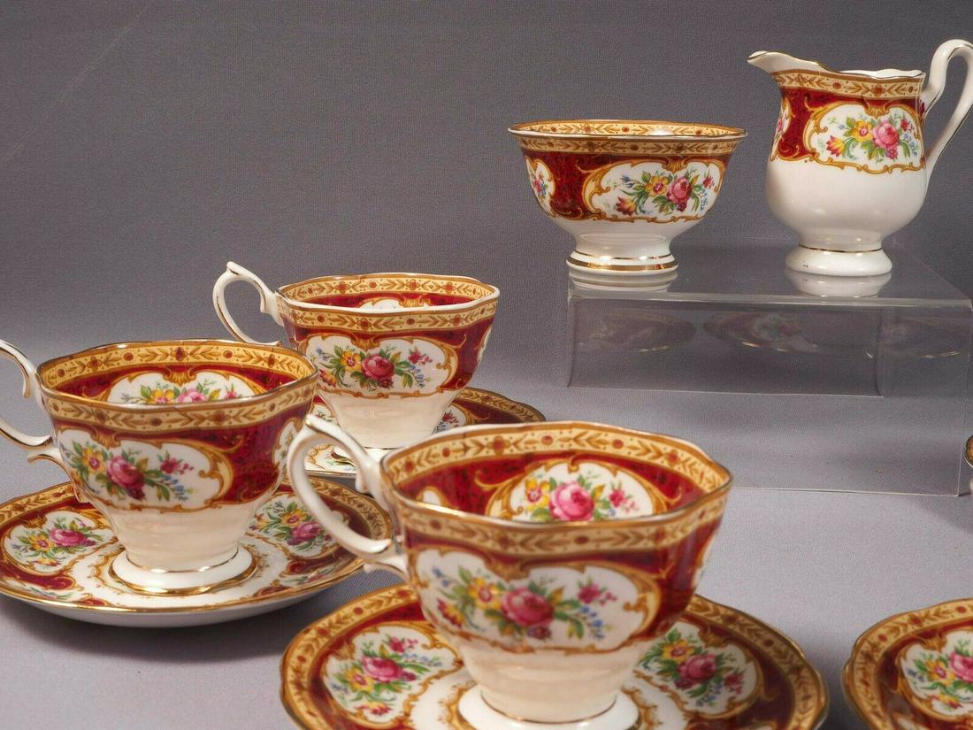 Royal Albert LADY HAMILTON Coffee Tea Set Cup Saucer: This is a gorgeous Bone China Coffee/Tea set with creamer, sugar bowl, cups and saucers for 6. The set is made by Royal Albert in England. It is from Lady Hamilton pattern It is properly marked with R