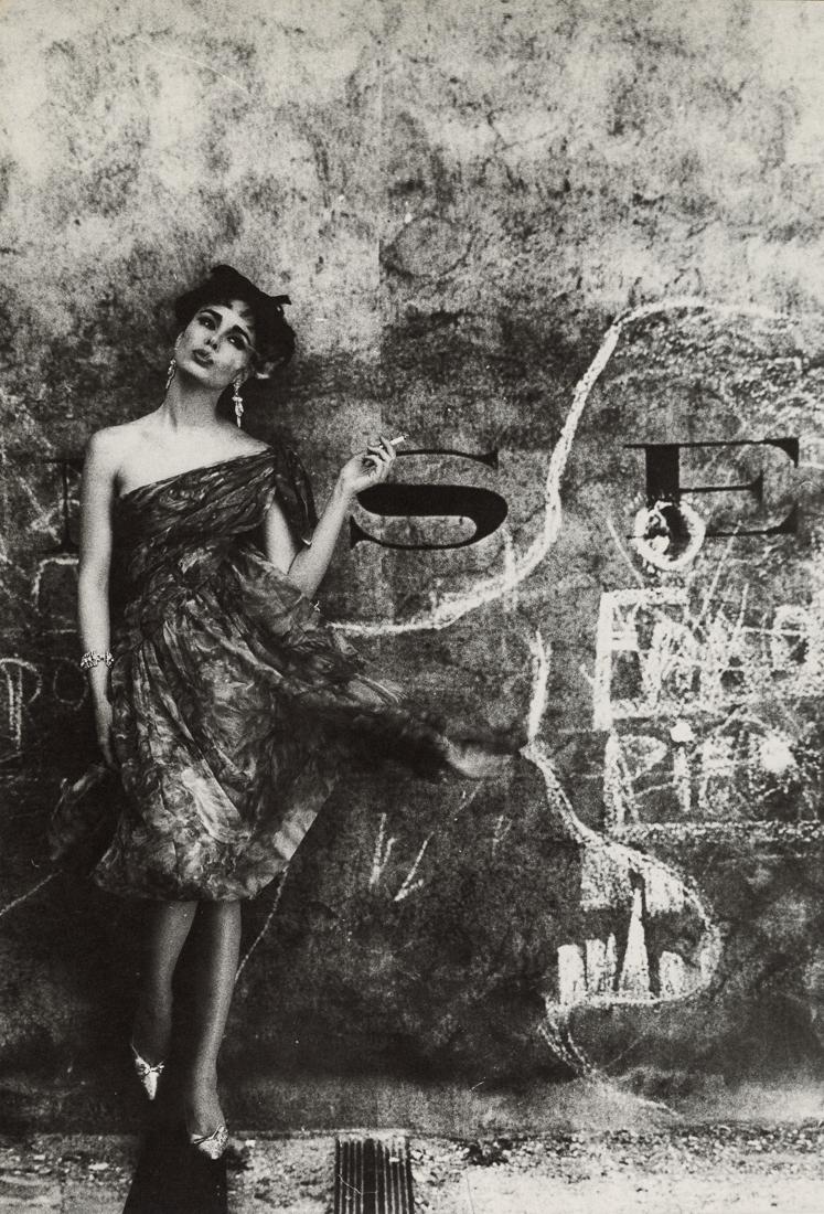 WILLIAM KLEIN - Model, Photographic Background, 1966: Artist: William Klein Title: Model and Photographic Background, 1966 Medium: Photo Litho, 1983, USA Dimensions: 8.3x12.25" Description: Heat Wax Mounted on 12x16" Conservation Board Artist Bio: Willia