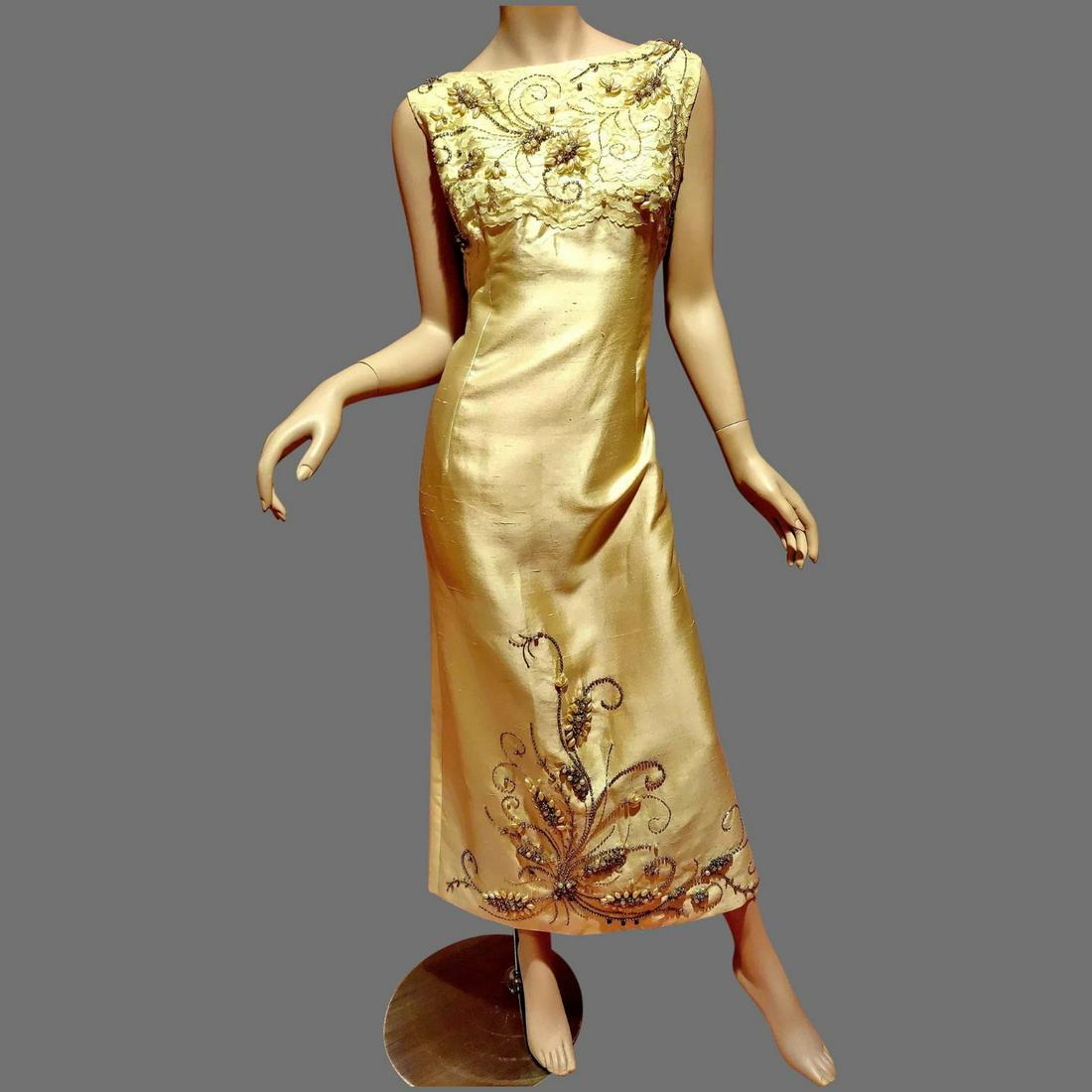 Vtg Silk Shantung Hostess Gown with Wings Heavily (1 of 9)