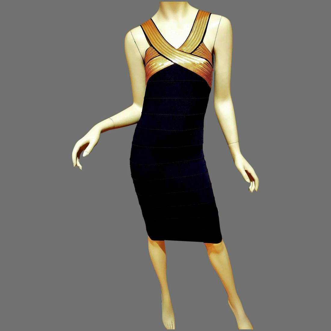 Vtg Black/Gold Sequins Body Con Dress Very Feminine &: Tag was removed but I believe its a Herve Leger dress. In Amazing condition and a Beauty. Size -S Santana knit Stunning Reserve: $65.00 Shipping: Domestic: Flat-rate of $30.00 to anywhere within the c