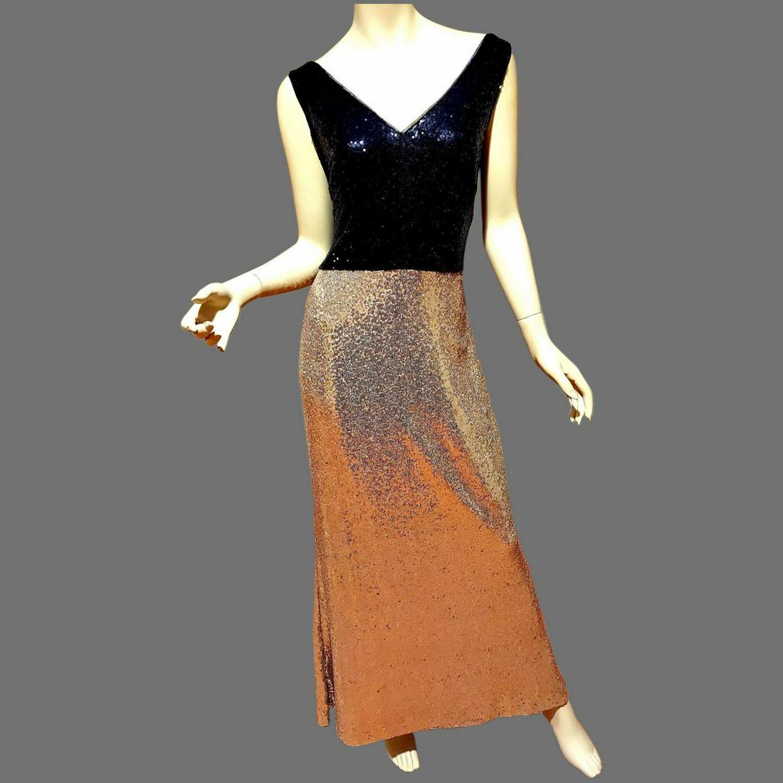 Vtg Ralph Lauren Maxi Black/Gold Sequins Hostess Gown (1 of 6)