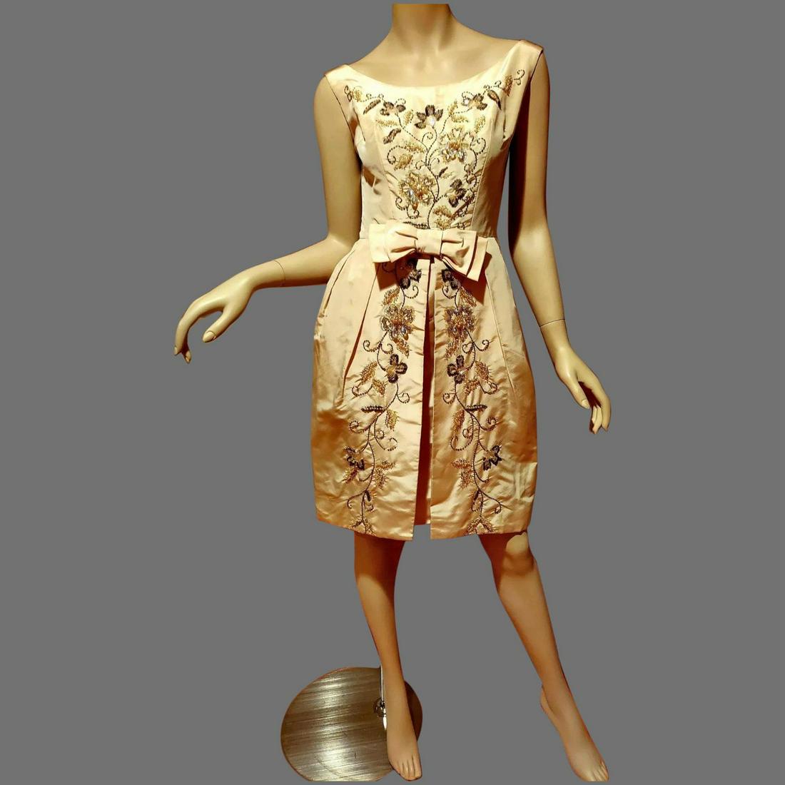 Vtg Silk Shantung Hostess Cocktail dress w/over skirt (1 of 7)