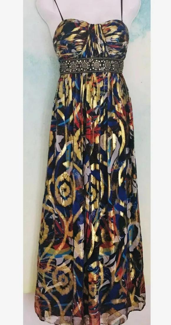 Vtg Metallic Oleg Cassini Silk Gown Gold Navy Tribal: A magnificent Metallic Gown by Oleg Cassini Bold and Beautiful Colors Beaded Tp in a Tribal Fashion. Ruched draped design In very good vintage condition and a Beauty Size-M/L Reserve: $95.00 Shipping: