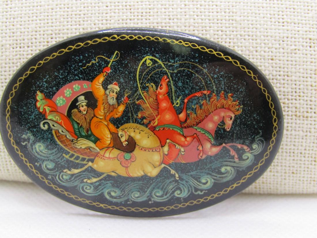 Vintage Russian Black Lacquered Painted Brooch, (1 of 4)