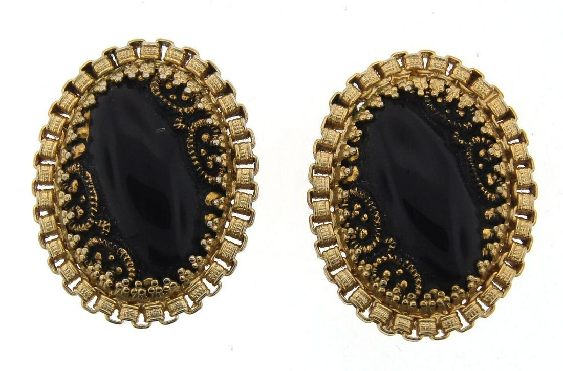 LOVELY Hobe Gold Plated & Onyx Clip On Earrings Circa (1 of 6)