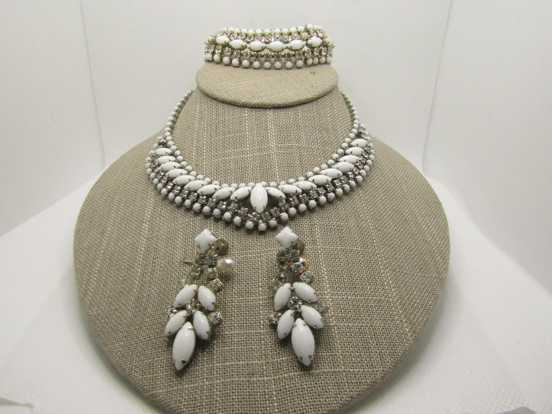 Vintage Parure Milk Glass Rhinestone Set, Choker, (1 of 6)