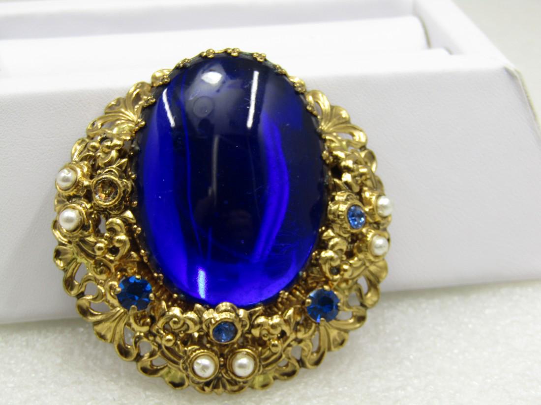 Vintage Large Blue Glass Filigree Brooch, Faux Pearls, (1 of 7)