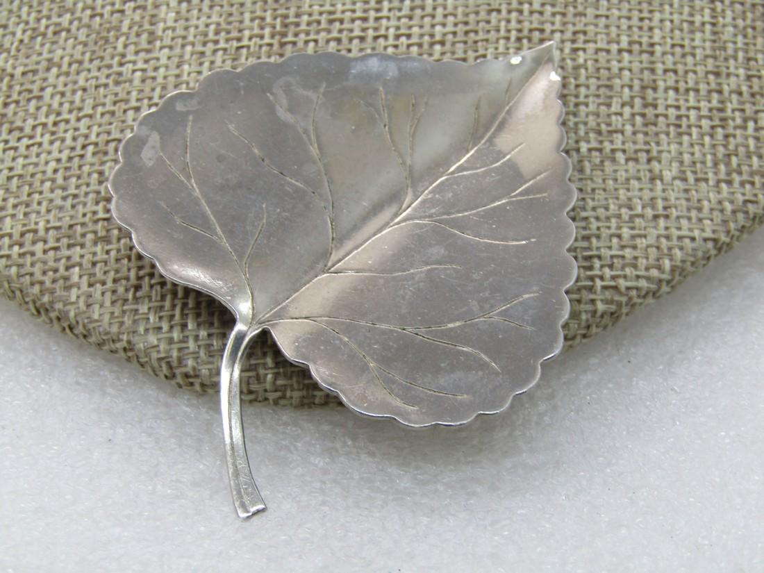 Vintage Poplar Leaf Brooch, Silver Tone, 2.75" by 2", (1 of 5)