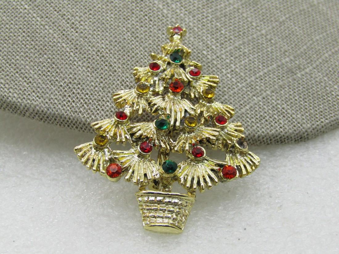 Vintage Rhinestone Christmas Tree Brooch, 2.25", Gold (1 of 5)