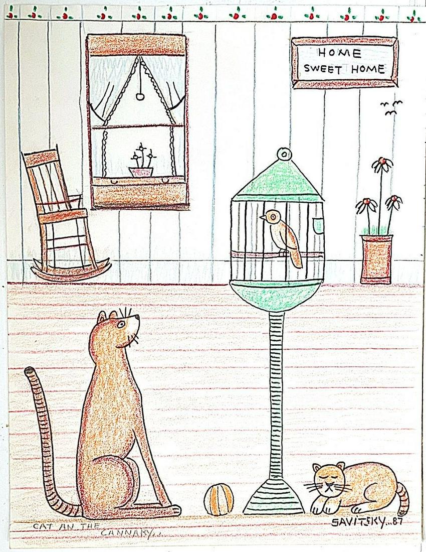 Jack Savitsky: Cat an the Cannary 1987: mixed media on paper(pastel and ink) 9" x 12" signed verso in pencil Reserve: $100.00 Shipping: Domestic: Flat-rate of $15.00 to anywhere within the contiguous U.S. International: Foreign shipping rat