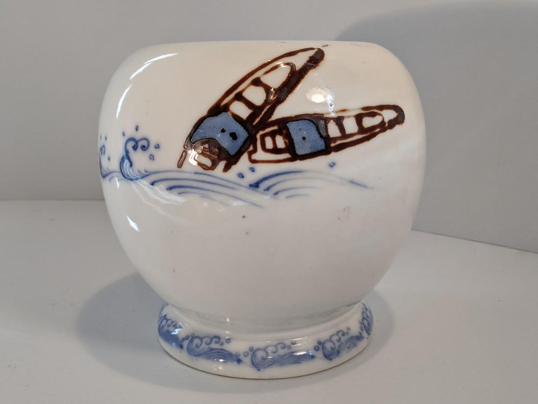 Footed Asian Ceramic Vase with Fishing Boat motif (1 of 6)