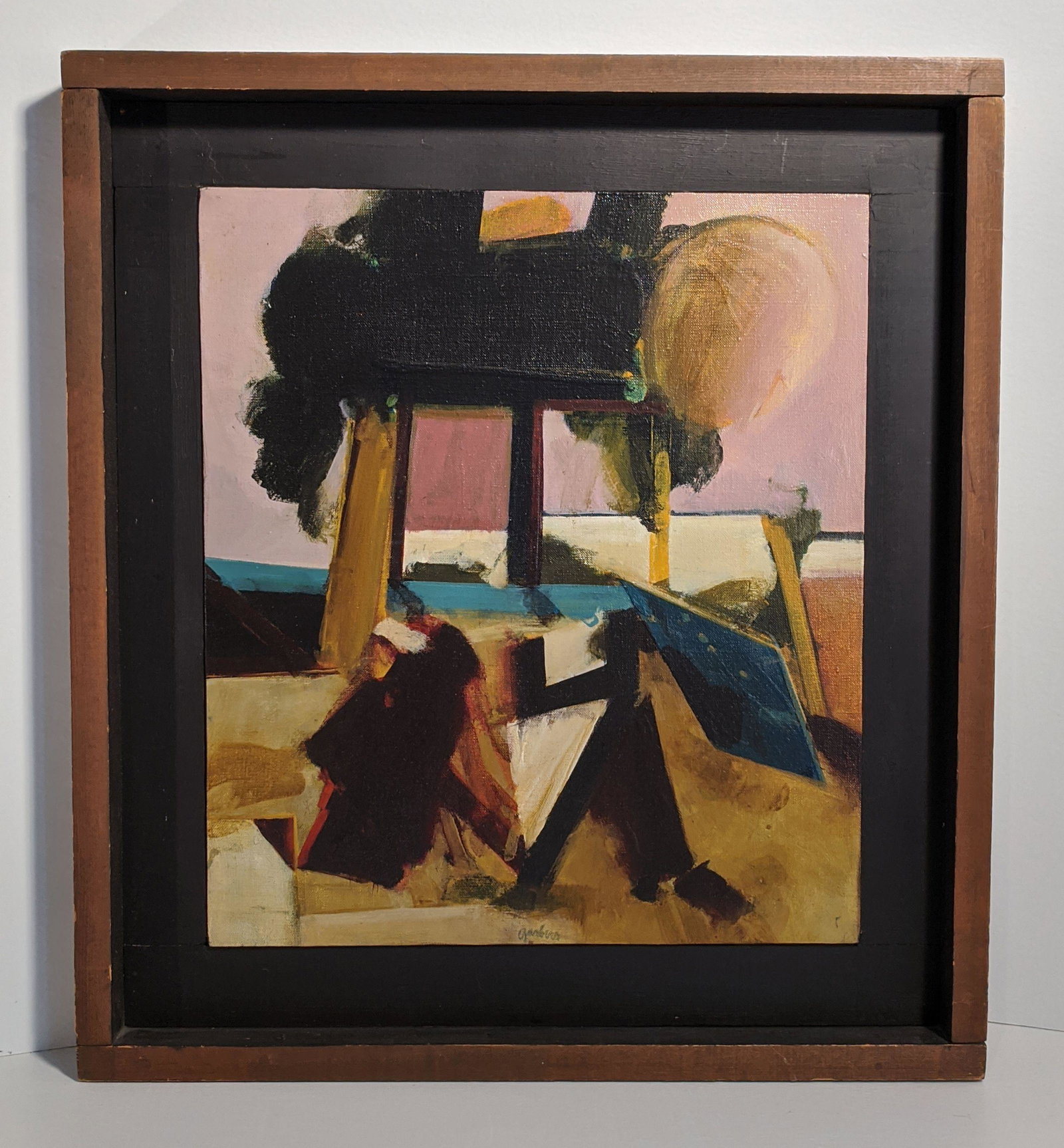 Fred Garbers Abstract Oil on Canvas: Title: Fred Garbers Abstract Oil on Canvas Description: "Flemish Study" mid century abstract oil on canvas in period frame by Fred Garbers. Signed lower center and verso of canvas. Date/Period: Mid Ce