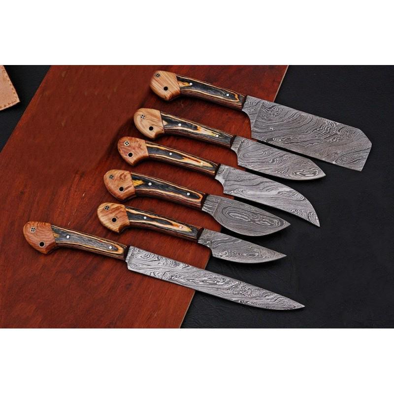 Set of 6 kitchen chef damascus steel knives wood work: Set of 6 Knives "Kitch" made of damask steel. Handle – stained wood and scabbard - genuine leather. Damascus knives are very durable, look great and keep sharpness perfectly. Damascus steel has 