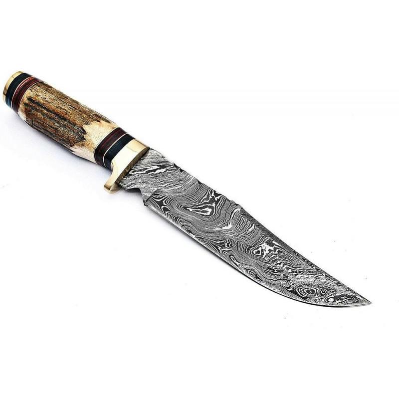 Bowie damascus steel knife camping stag horn brass (1 of 5)