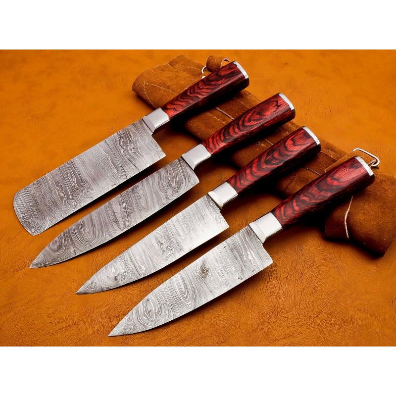 Set 4 damascus steel knives chef kitchen pakka wood (1 of 4)