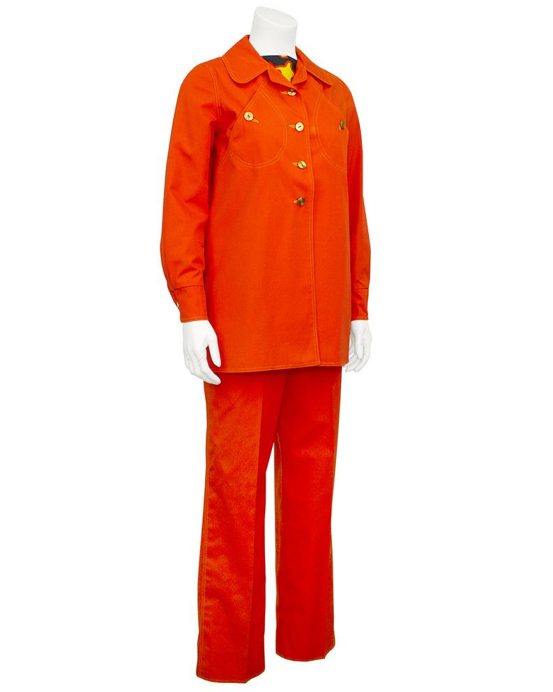 Donald Brooks Orange 3pc Ensemble: Title: Donald Brooks Orange 3pc Ensemble Designer: Donald Brooks Description: Fabulous Donald Brooks three piece ensemble from the early 1970s. Features matching fiery orange cotton jacket and trouser