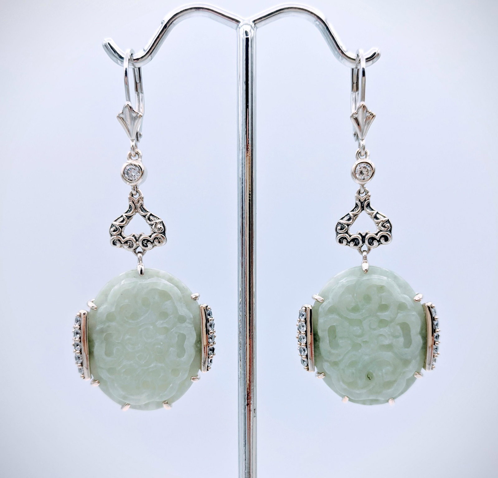 Sterling Silver Engraved Jade Earrings w CZ (1 of 3)