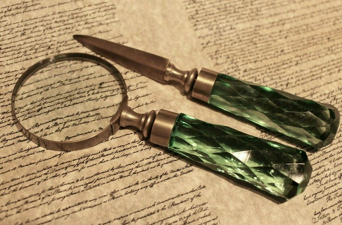 Magnifying Glass Letter Opener Set w Green Glass: 8" Long Magnifying Glass 3" Diameter 8" Letter Opener Nice reproduction magnifying glass letter opener set. The metal is an aged brass making it look that much more real! Not only do they look like ra