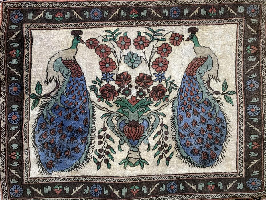 Turkish Antique Pictorial Design(TREE OF LIFE) 2â€™: Rug ID:1268 Origin : Turkish Type: Area rug , Entrance rug Woven:Hand Knotted Size: 2â€™5”x3â€™4” Highlight Colors: red , light&dark blue Design : Pictorial Knot Density: 130-140