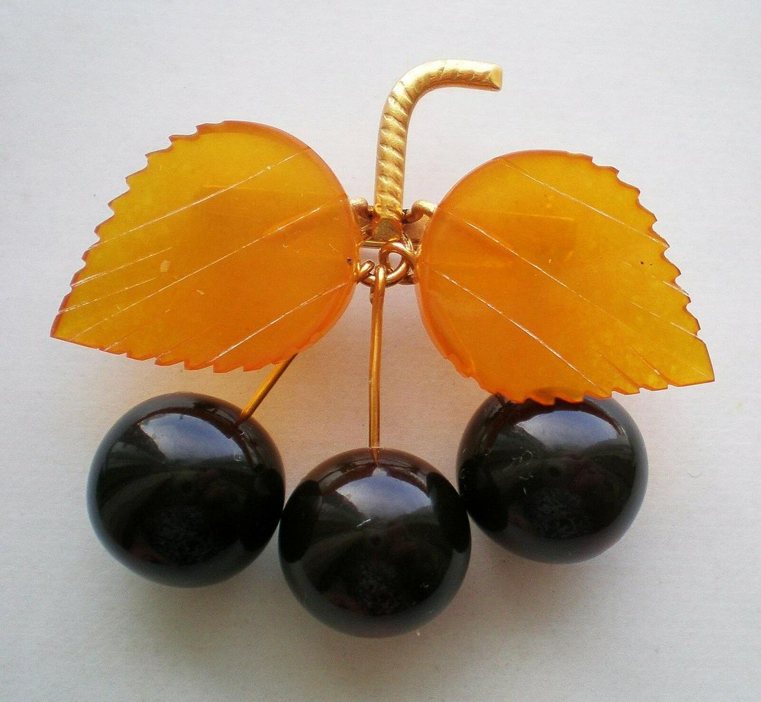 Pin Brooch Cherries 24K Gold Gilded USSR amber vintage (1 of 6)