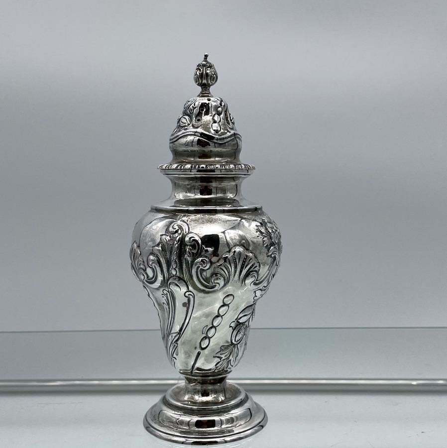 19th Century Antique Victorian Sterling Silver Sugar: Title: 19th Century Antique Victorian Sterling Silver Sugar Caster London 1899 Charles Stuart Harris Description: A beautiful hand chased Victorian silver sugar caster. A stylish sterling silver Victo
