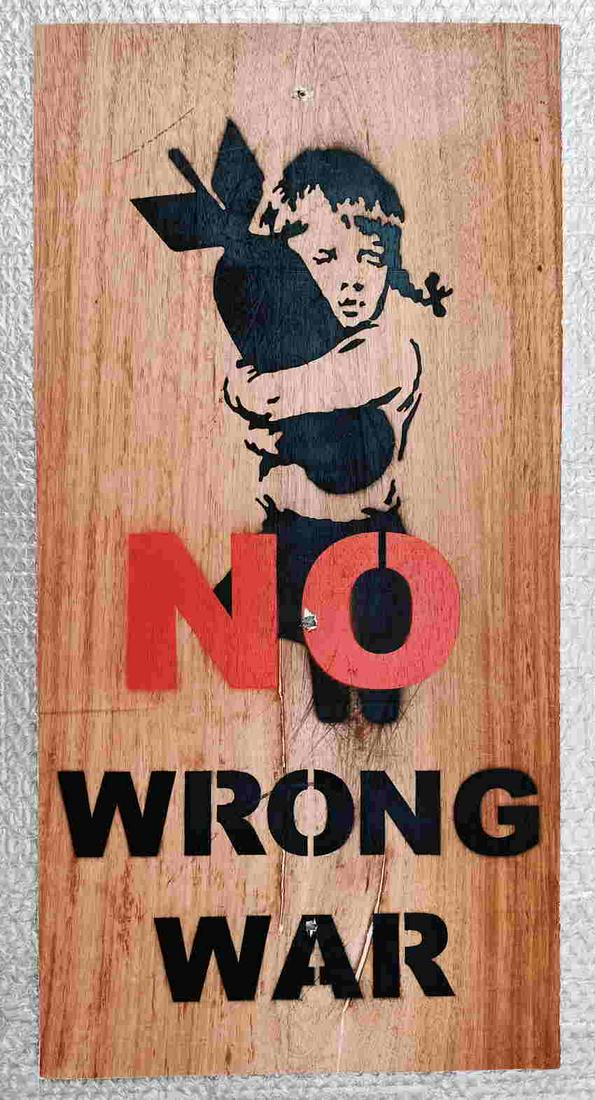 Banksy 'Bomb Hugger No War' Placard Wood Veneer (1 of 3)