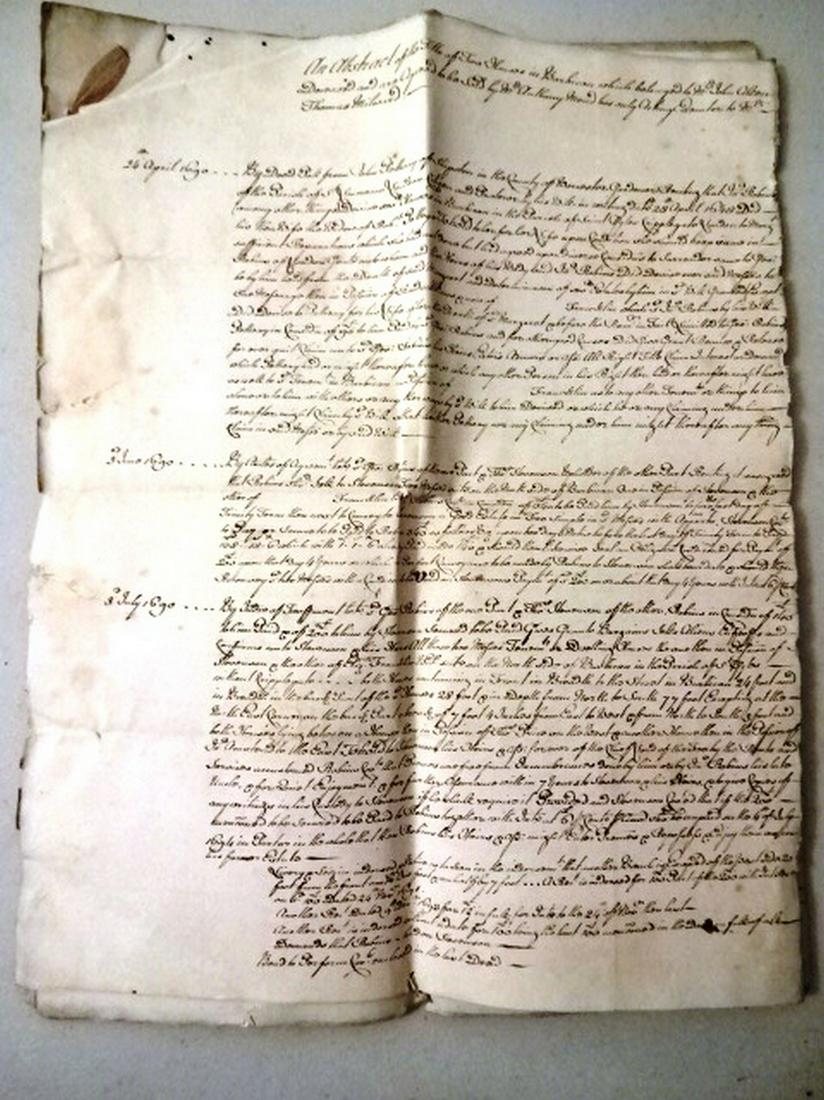 1738 Manuscript London Property Title Chain: An Abstract of Title to two houses located at Barbican in London formerly in the possession of John Allen and transferred to Thomas Milward, Penned on six large paper leaves, traces property from Apri
