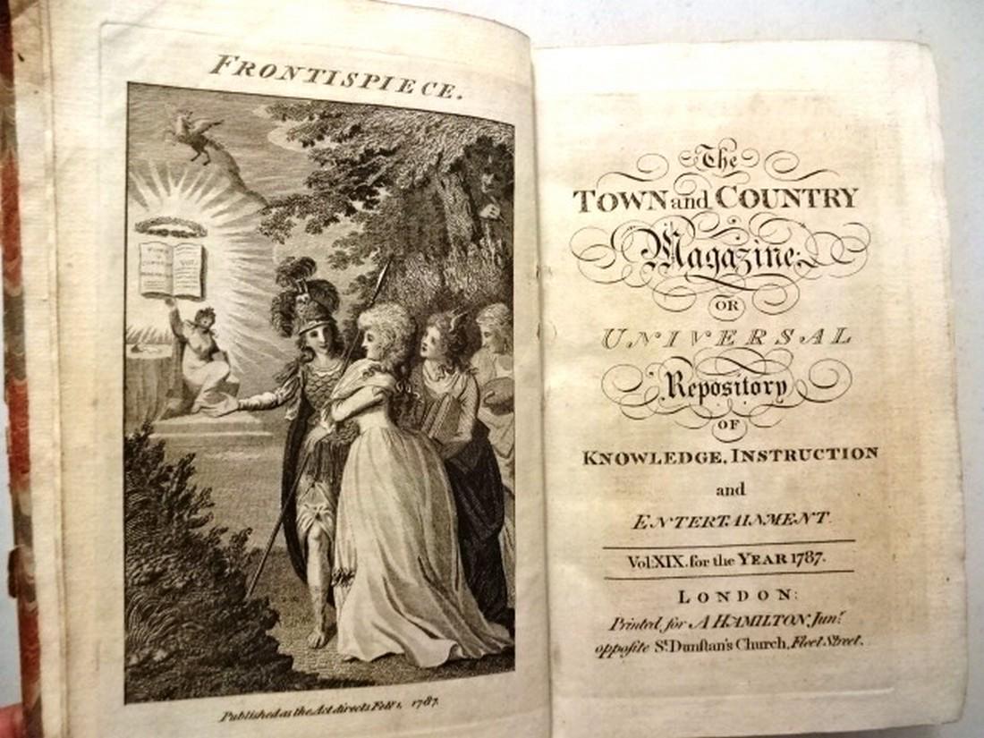 1787 Volume Town and Country Magazine: The complete volume of "Town and Country Magazine" for the year 1787, printed at London for A. Hamilton. Twelve monthly issues, each with own title, and Supplement, followed by index and advertisement