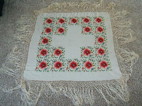 Colorful Silk Embroidered Piano Shawl: This 30's/40's embroidered piano shawl has a fringe on all four sides. It measures 46" X 48" (not including the 16" fringe) and is in excellent condition, with a couple of small, faint age spots and n