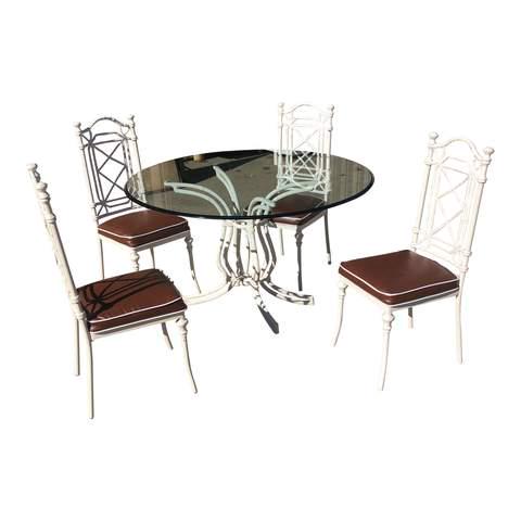 1970s White Phyllis Morris Style Metal Bamboo Dining: Absolutely gorgeous white metal Bamboo Set with four chairs and one table and glass top. Everything is in beautiful condition, very sturdy and chairs in great condition as well. Reserve: $869.00 Shipp